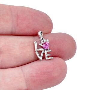 Vintage Sterling Silver 925 Pink Cubic Zirconia Heart LOVE Pendant